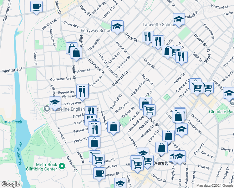 map of restaurants, bars, coffee shops, grocery stores, and more near 116 Bradford St in Everett