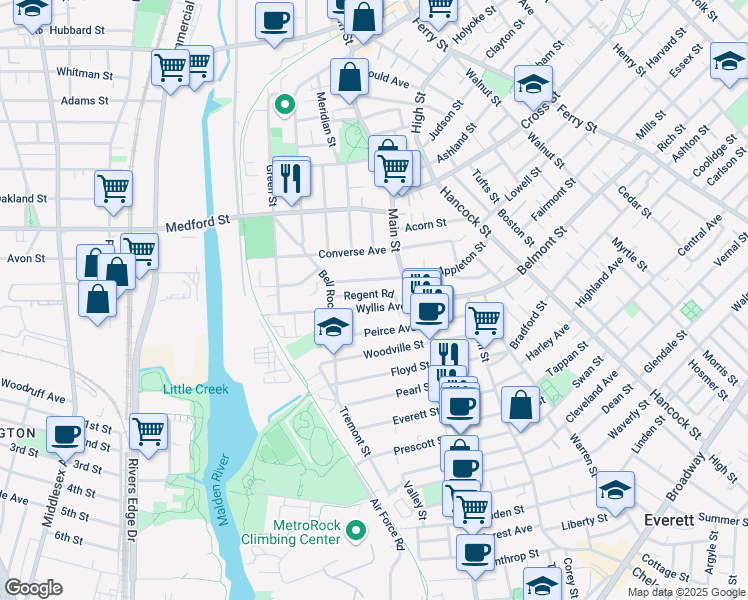 map of restaurants, bars, coffee shops, grocery stores, and more near 50 Regent Road in Malden