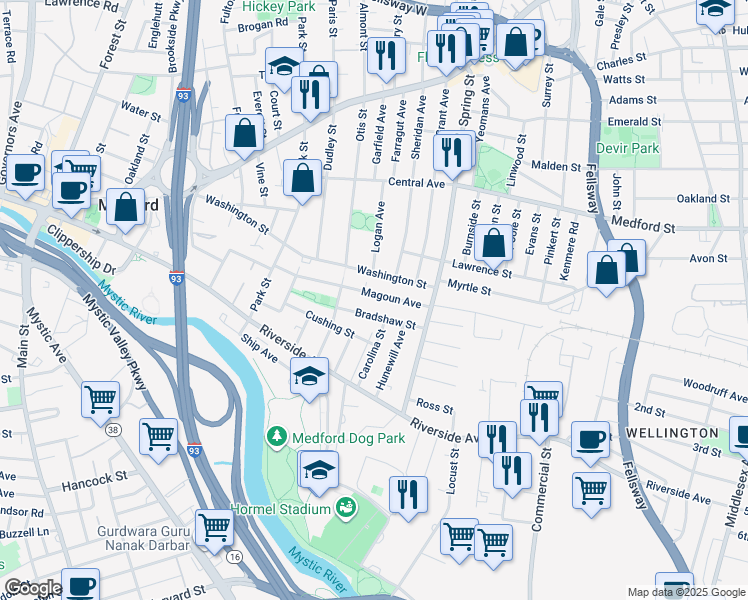 map of restaurants, bars, coffee shops, grocery stores, and more near 75 Magoun Avenue in Medford