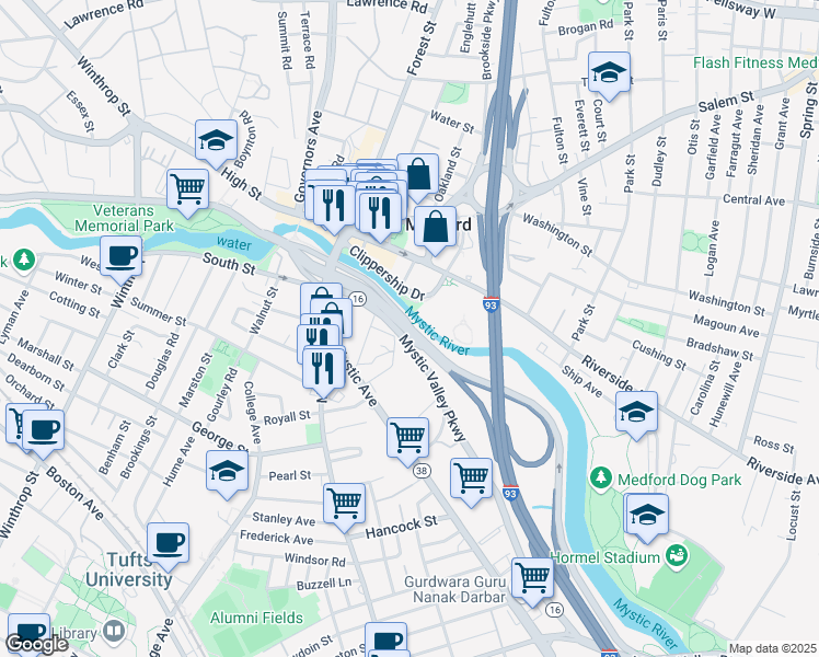map of restaurants, bars, coffee shops, grocery stores, and more near 50 Swan Street in Medford