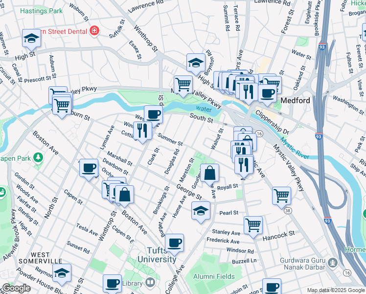 map of restaurants, bars, coffee shops, grocery stores, and more near 114 Summer Street in Medford