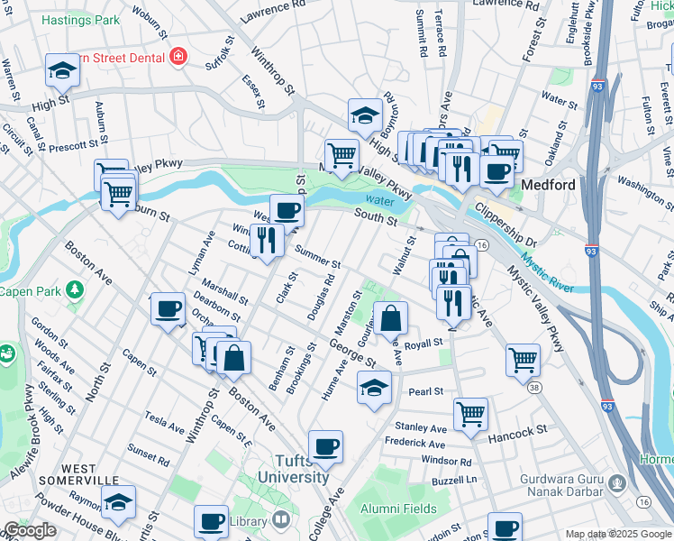 map of restaurants, bars, coffee shops, grocery stores, and more near 114 Summer Street in Medford