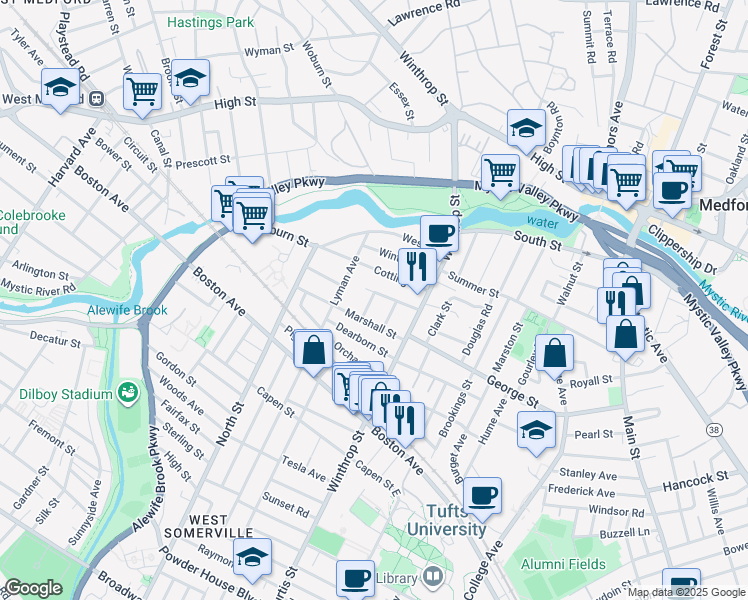 map of restaurants, bars, coffee shops, grocery stores, and more near 34 Martin Street in Medford