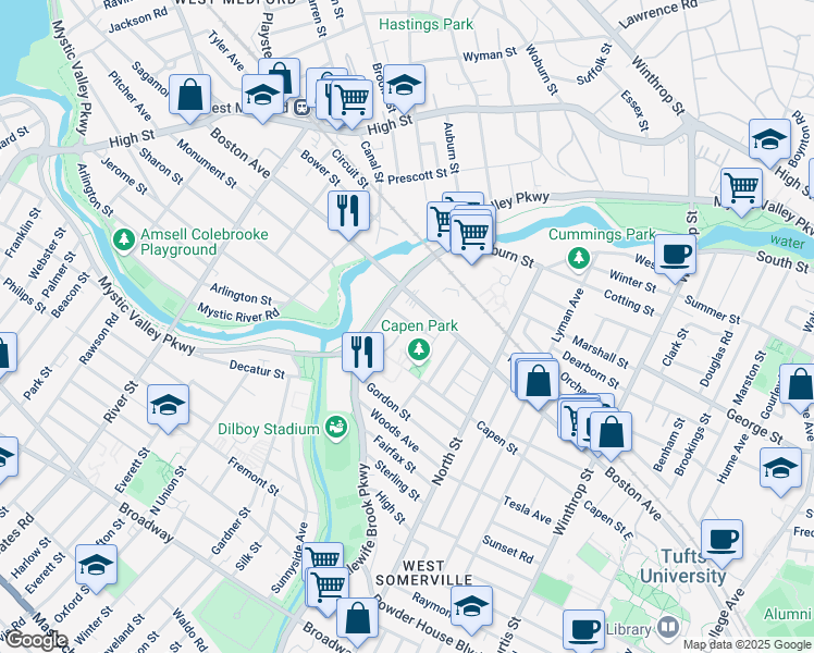 map of restaurants, bars, coffee shops, grocery stores, and more near 38 Irvington Road in Somerville