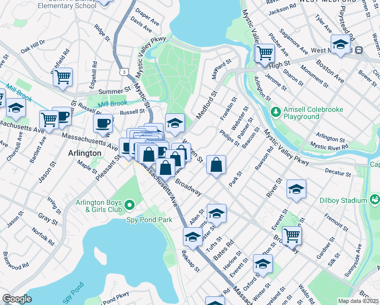 map of restaurants, bars, coffee shops, grocery stores, and more near 51 Alton Street in Arlington
