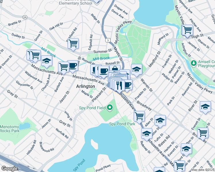 map of restaurants, bars, coffee shops, grocery stores, and more near 473 Massachusetts Avenue in Arlington