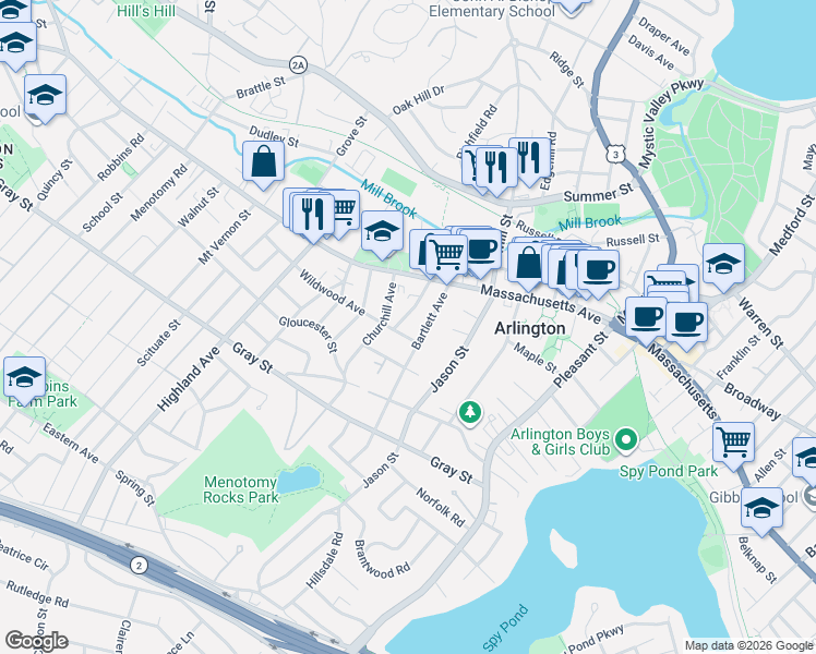 map of restaurants, bars, coffee shops, grocery stores, and more near 19 Wildwood Avenue in Arlington