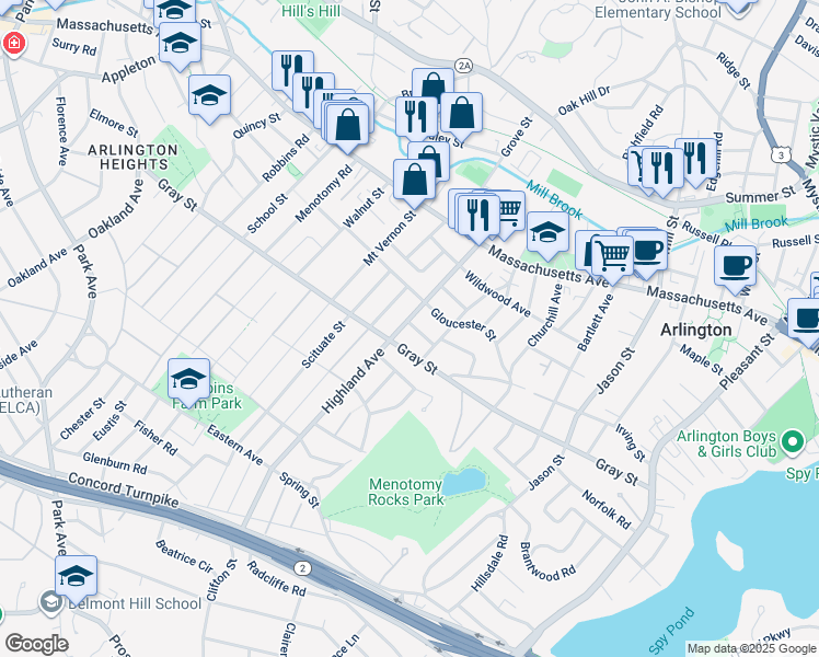 map of restaurants, bars, coffee shops, grocery stores, and more near 60 Highland Avenue in Arlington