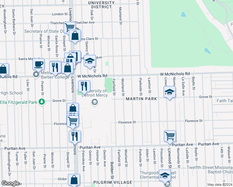 map of restaurants, bars, coffee shops, grocery stores, and more near 16845 Muirland Street in Detroit