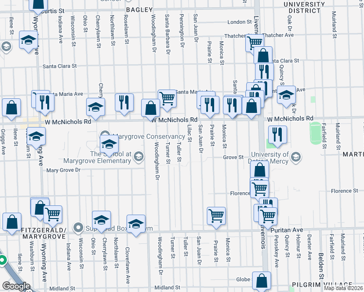 map of restaurants, bars, coffee shops, grocery stores, and more near 16730 Tuller Street in Detroit