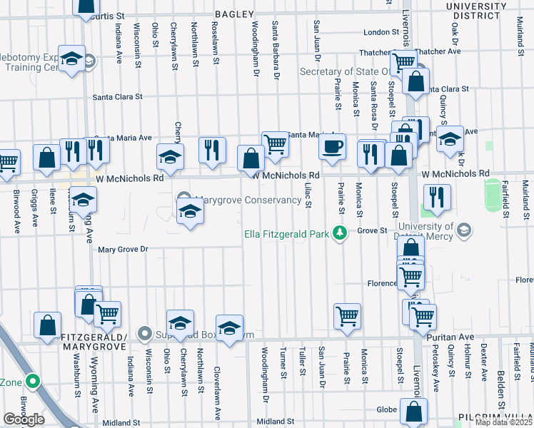 map of restaurants, bars, coffee shops, grocery stores, and more near 16737 Turner Street in Detroit