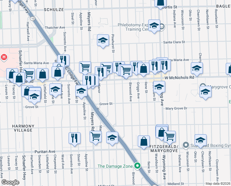 map of restaurants, bars, coffee shops, grocery stores, and more near 16875 Mendota Street in Detroit