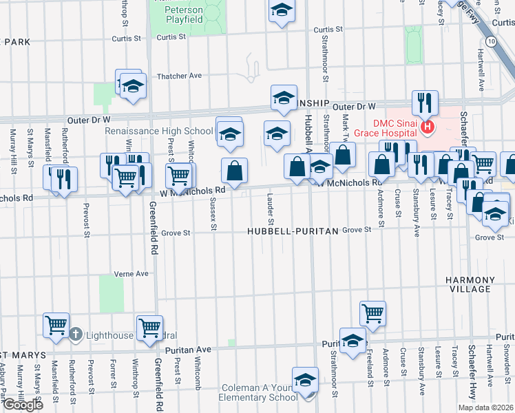 map of restaurants, bars, coffee shops, grocery stores, and more near 16884 Robson Street in Detroit