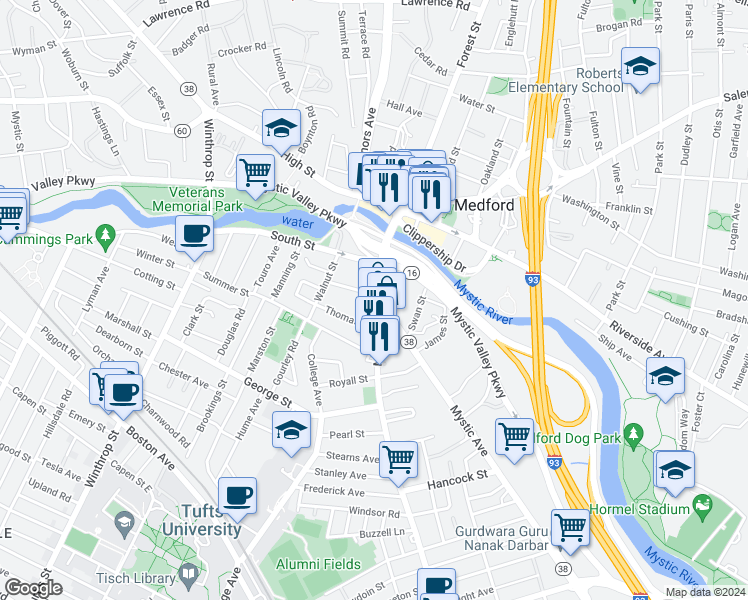 map of restaurants, bars, coffee shops, grocery stores, and more near 12 Emerson Street in Medford