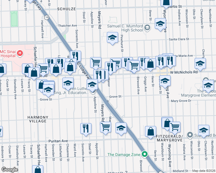 map of restaurants, bars, coffee shops, grocery stores, and more near 16875 Manor in Detroit