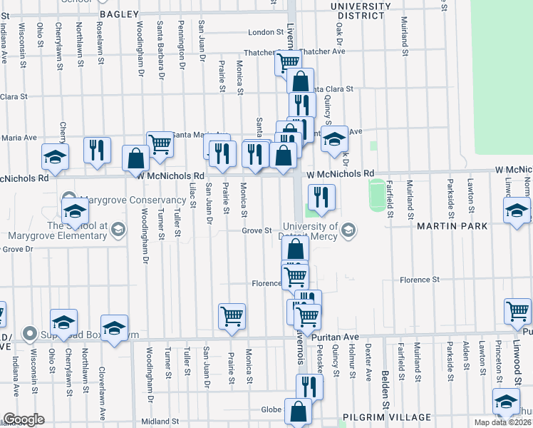 map of restaurants, bars, coffee shops, grocery stores, and more near 16846 Santa Rosa Drive in Detroit