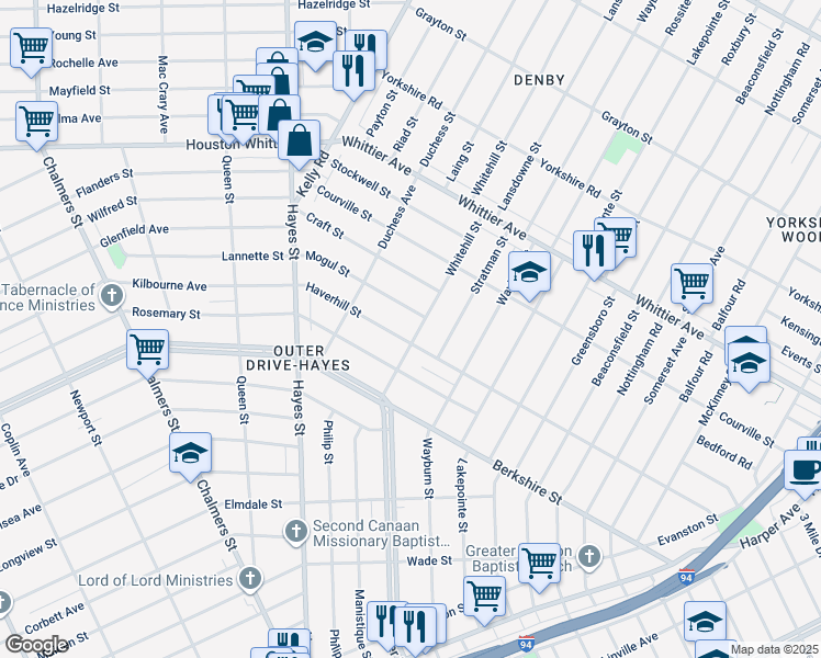 map of restaurants, bars, coffee shops, grocery stores, and more near 10721 Whitehill Street in Detroit