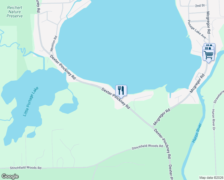 map of restaurants, bars, coffee shops, grocery stores, and more near 9044 Lakeview Drive in Pinckney