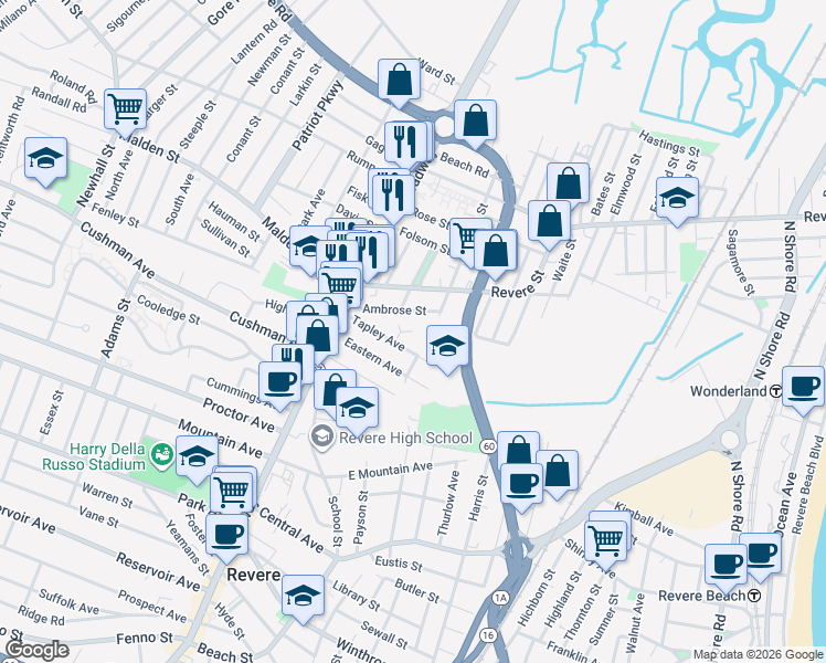 map of restaurants, bars, coffee shops, grocery stores, and more near 99 North Street in Revere