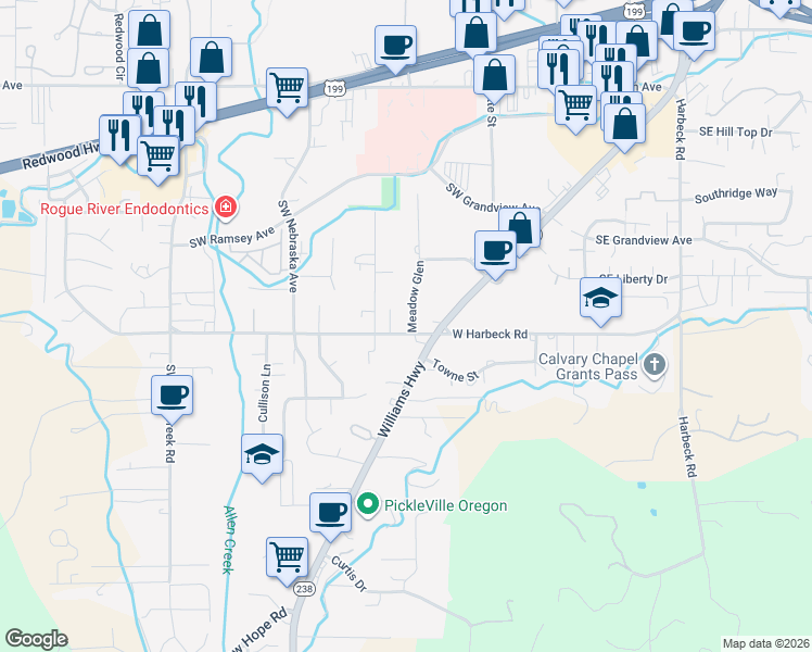 map of restaurants, bars, coffee shops, grocery stores, and more near 822 West Harbeck Road in Grants Pass