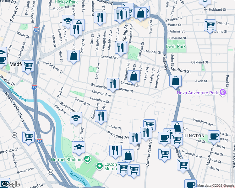 map of restaurants, bars, coffee shops, grocery stores, and more near 87 A Spring Street in Medford