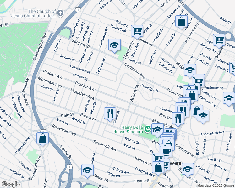 map of restaurants, bars, coffee shops, grocery stores, and more near 23 Blaney Court in Revere