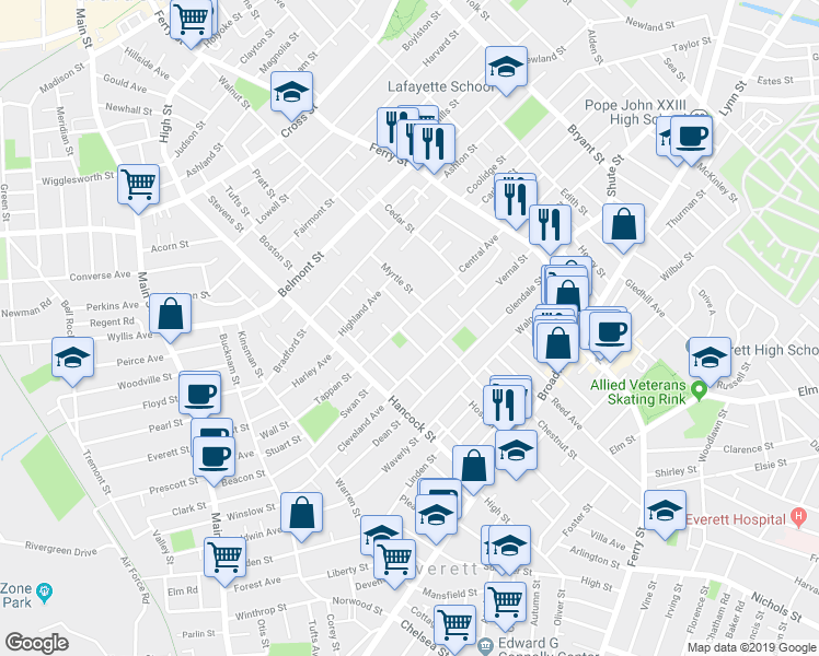 map of restaurants, bars, coffee shops, grocery stores, and more near 53 Central Avenue in Everett