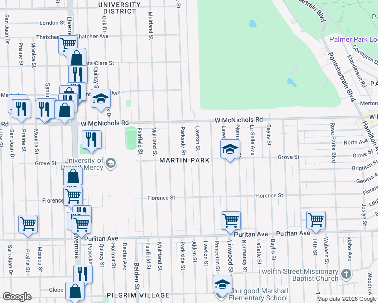 map of restaurants, bars, coffee shops, grocery stores, and more near 16834 Parkside Street in Detroit