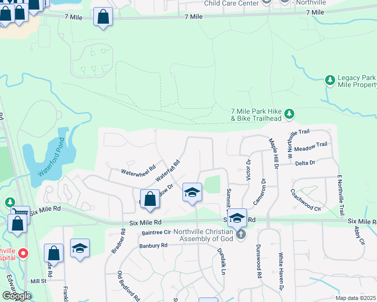map of restaurants, bars, coffee shops, grocery stores, and more near 41869 Waterfall Road in Northville