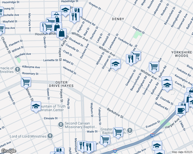 map of restaurants, bars, coffee shops, grocery stores, and more near 10659 Stratman Street in Detroit