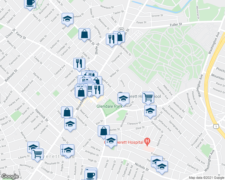 map of restaurants, bars, coffee shops, grocery stores, and more near 61 Gledhill Avenue in Everett