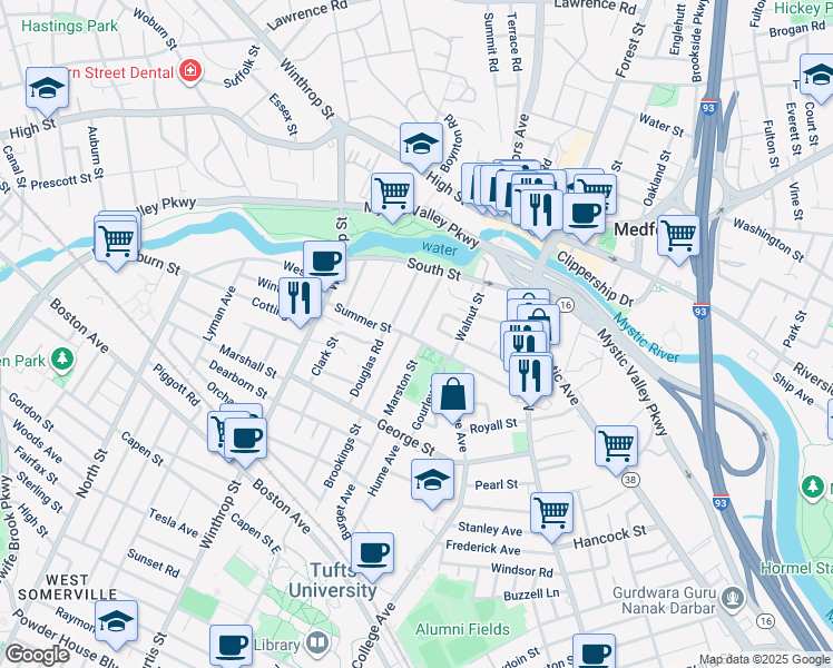 map of restaurants, bars, coffee shops, grocery stores, and more near 87 Summer Street in Medford