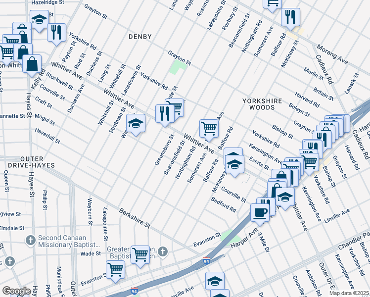 map of restaurants, bars, coffee shops, grocery stores, and more near 10368 Beaconsfield Street in Detroit
