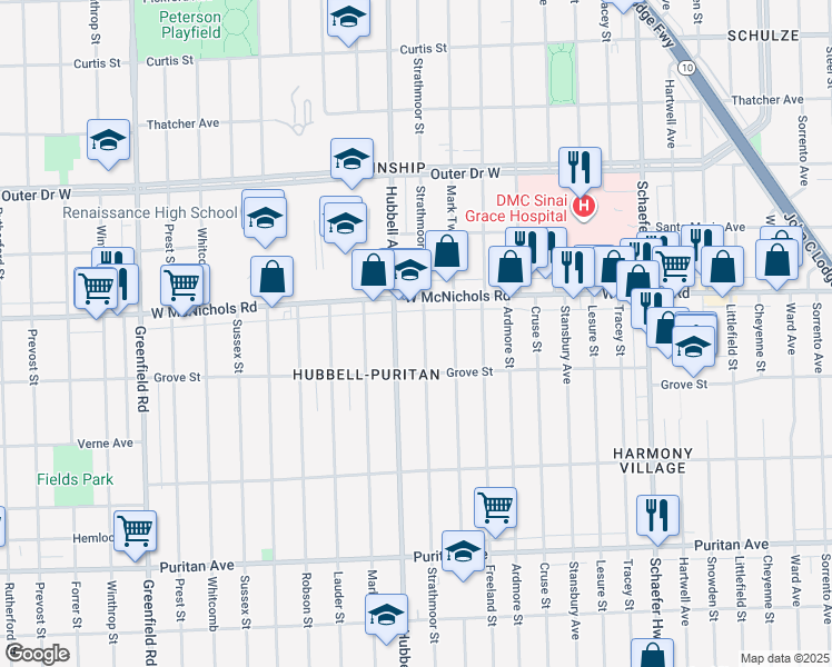 map of restaurants, bars, coffee shops, grocery stores, and more near 16879 Strathmoor Street in Detroit