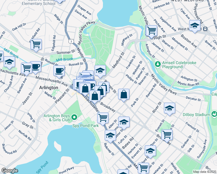 map of restaurants, bars, coffee shops, grocery stores, and more near 51 Alton Street in Arlington