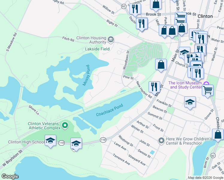 map of restaurants, bars, coffee shops, grocery stores, and more near 14 Pine Street Extension in Clinton