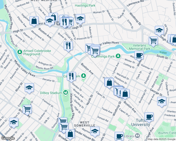 map of restaurants, bars, coffee shops, grocery stores, and more near 38 Irvington Road in Somerville