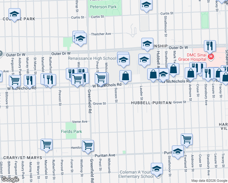 map of restaurants, bars, coffee shops, grocery stores, and more near 16885 Sussex Street in Detroit