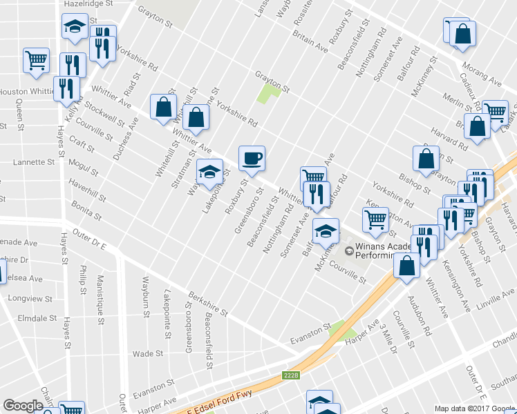 map of restaurants, bars, coffee shops, grocery stores, and more near 10436 Greensboro Street in Detroit