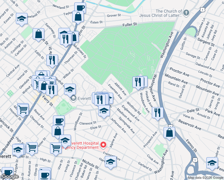 map of restaurants, bars, coffee shops, grocery stores, and more near 55 Adams Avenue in Everett