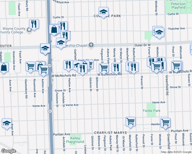 map of restaurants, bars, coffee shops, grocery stores, and more near 17107 West McNichols Road in Detroit