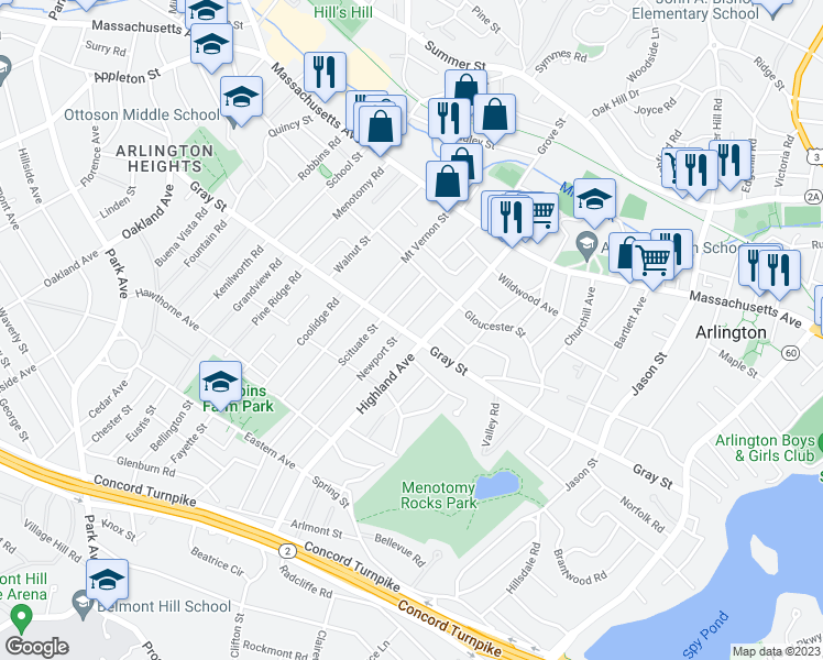 map of restaurants, bars, coffee shops, grocery stores, and more near 38-40 Newport Street in Arlington