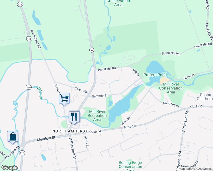 map of restaurants, bars, coffee shops, grocery stores, and more near 35 Ball Lane in Amherst