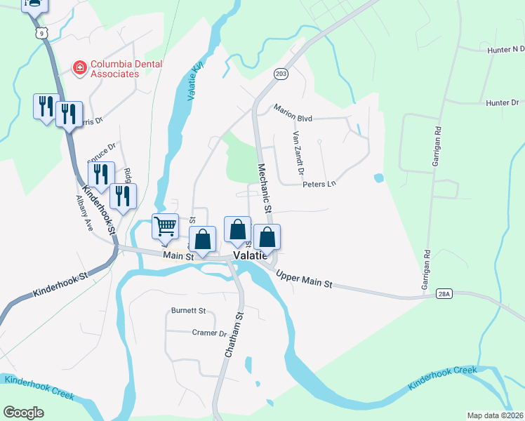 map of restaurants, bars, coffee shops, grocery stores, and more near 3613 Mechanic Street in Valatie