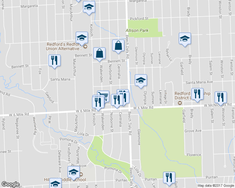 map of restaurants, bars, coffee shops, grocery stores, and more near 17197 Centralia in Redford Charter Township