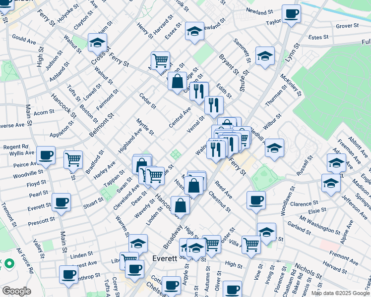 map of restaurants, bars, coffee shops, grocery stores, and more near 102 Glendale Street in Everett