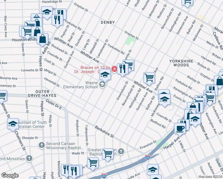 map of restaurants, bars, coffee shops, grocery stores, and more near 10471 Roxbury Street in Detroit