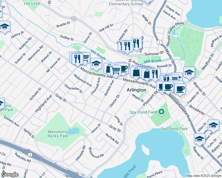 map of restaurants, bars, coffee shops, grocery stores, and more near 20 Bartlett Avenue in Arlington
