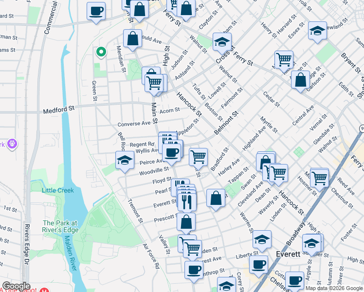 map of restaurants, bars, coffee shops, grocery stores, and more near 220 Bucknam Street in Everett