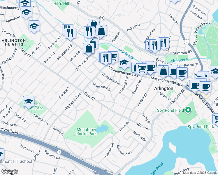 map of restaurants, bars, coffee shops, grocery stores, and more near 18 Field Road in Arlington